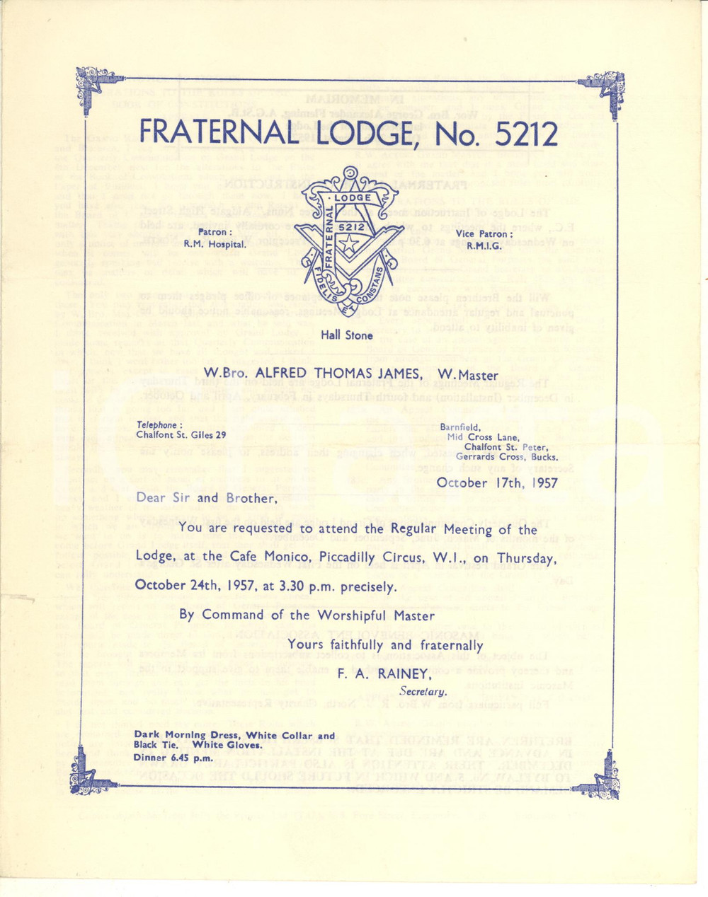 Documento originale, autentico 1957 LONDON FREEMASONRY Fraternal Lodge 5212  Regular Meeting CAFE MONICO 2 1