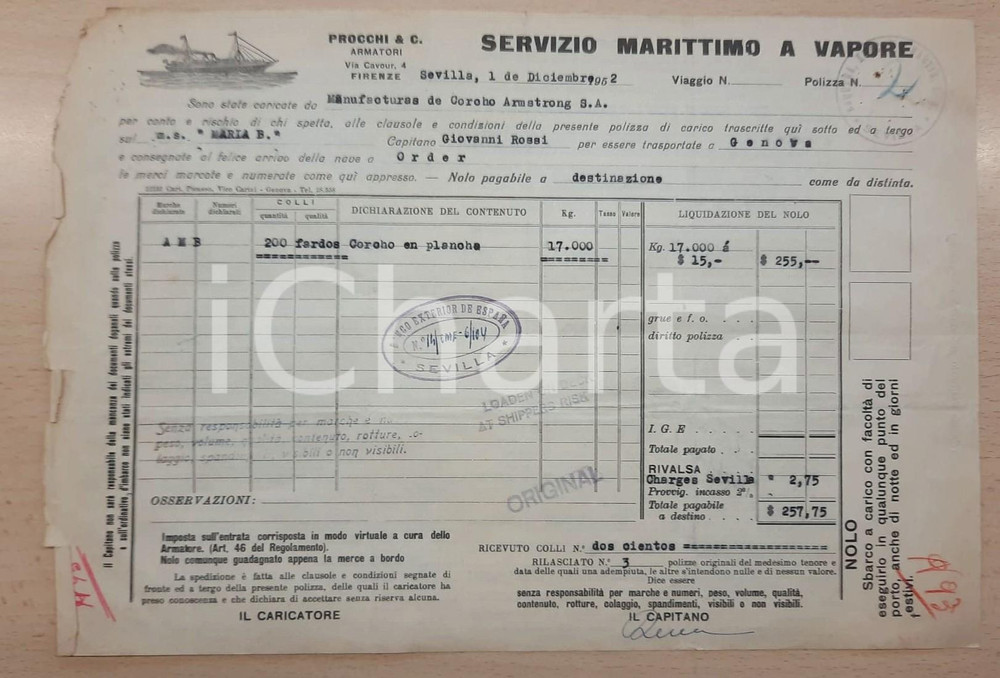 Documento originale, autentico 1952 SIVIGLIA  PROCCHI Armatori  Polizza di carico nave MARIA B. sughero 1