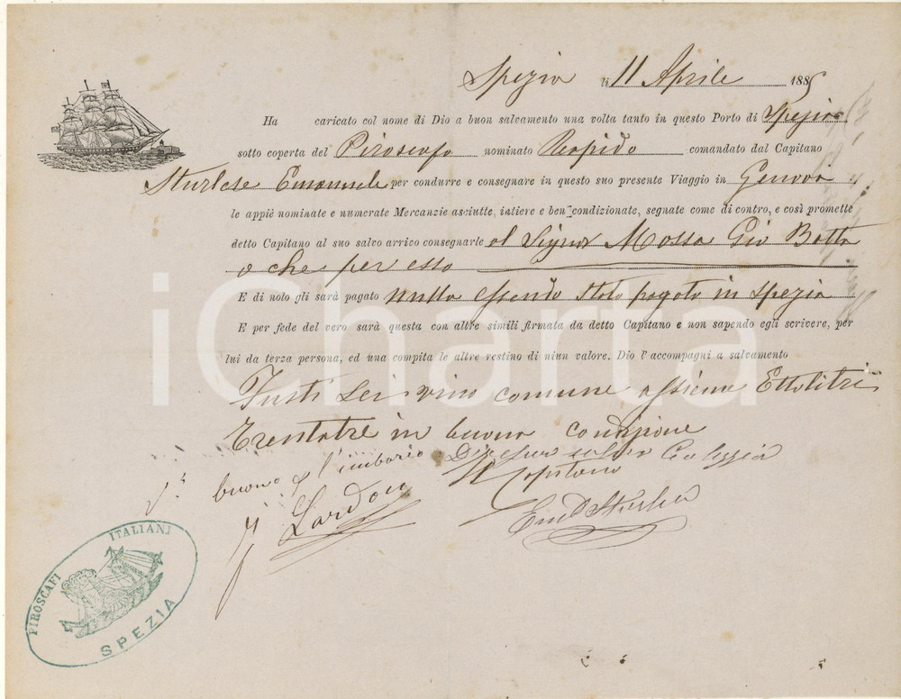 Documento originale, autentico 1885 LA SPEZIA  PIROSCAFI ITALIANI  Polizza di carico piroscafo RAPIDO vino 1