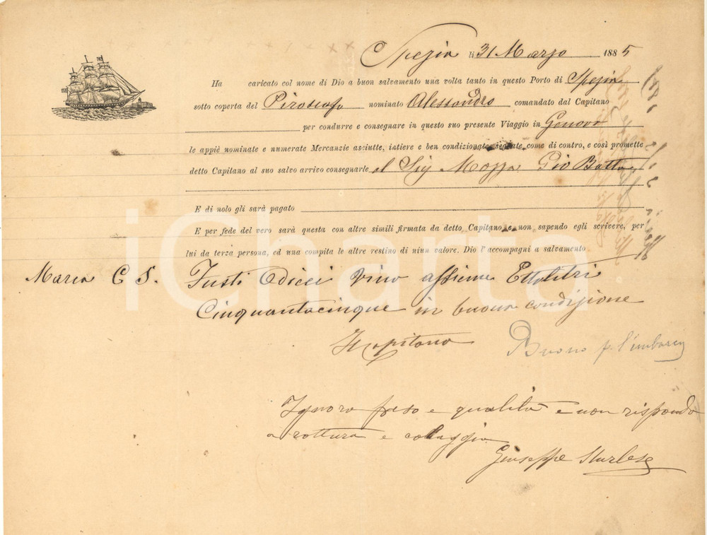 Documento originale, autentico 1885 LA SPEZIA Polizza di carico piroscafo ALESSANDRO per fusti di vino 1