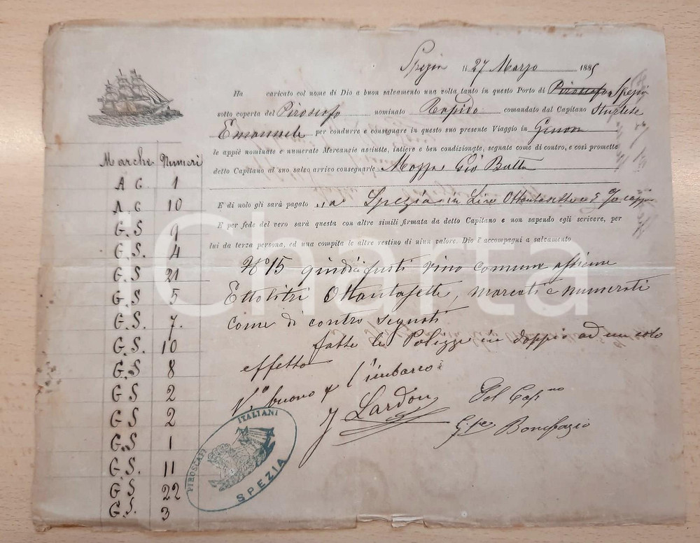 Documento originale, autentico 1885 LA SPEZIA  PIROSCAFI ITALIANI  Polizza carico piroscafo RAPIDO fusti vino 1