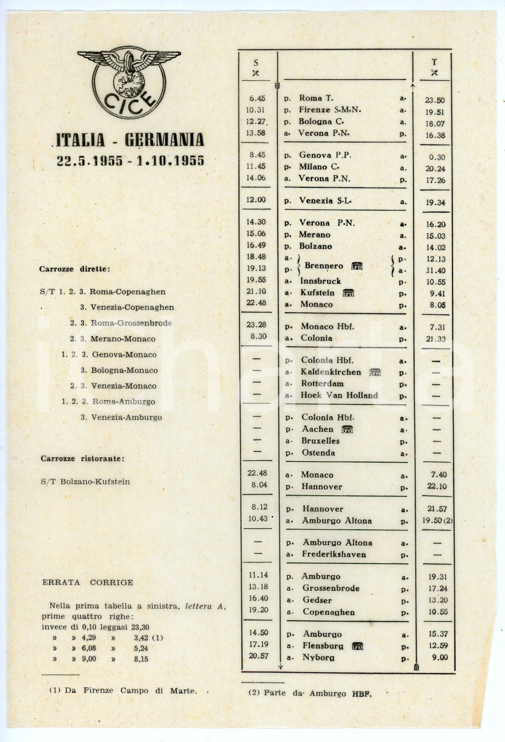 Oggetto da collezione cartaceo 1955 CICE Centre information Chemins de fer Européns ITALIA  GERMANIA IN TRENO 1