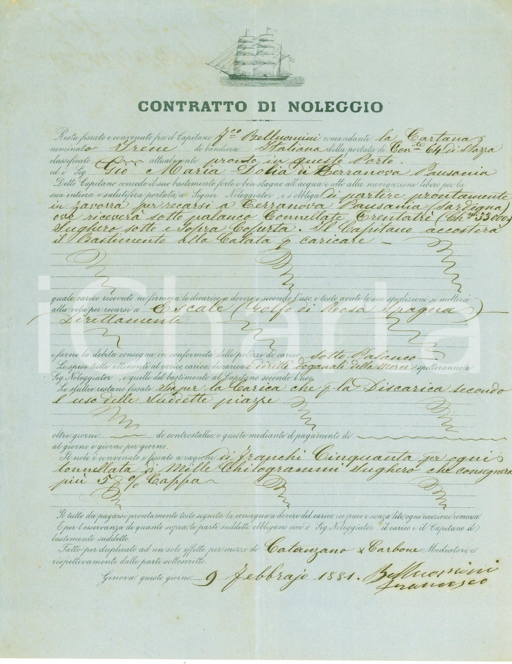Documento originale, autentico 1881 GENOVA Contratto di noleggio tartana IRENE per carico sughero in Sardegna 1
