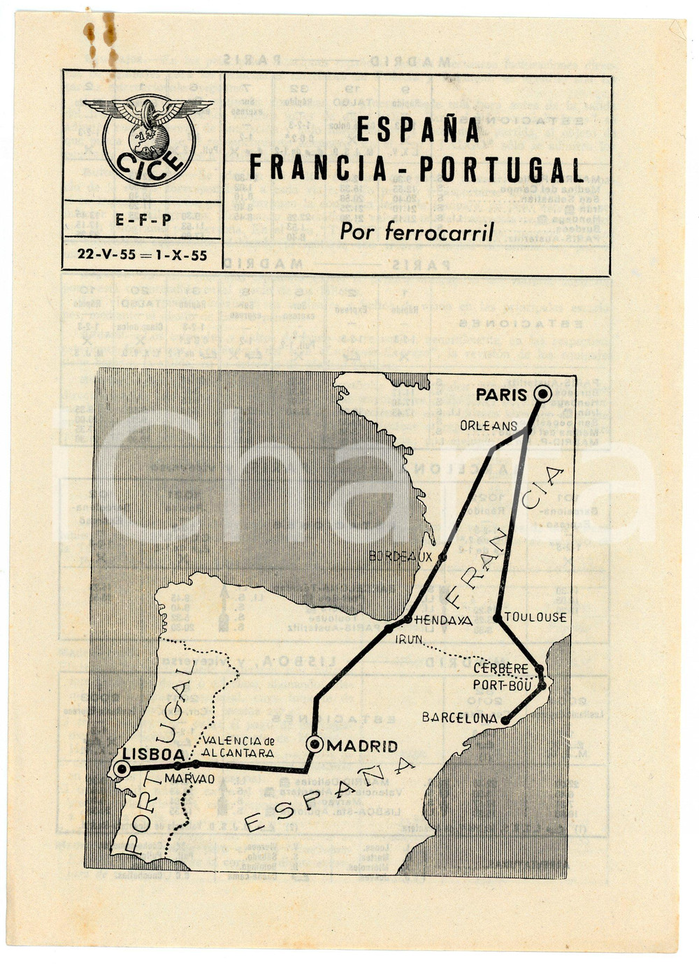 Oggetto da collezione cartaceo 1955 CICE Chemins de fer Européns ESPAÑA  FRANCIA  PORTUGAL por ferrocarril 1