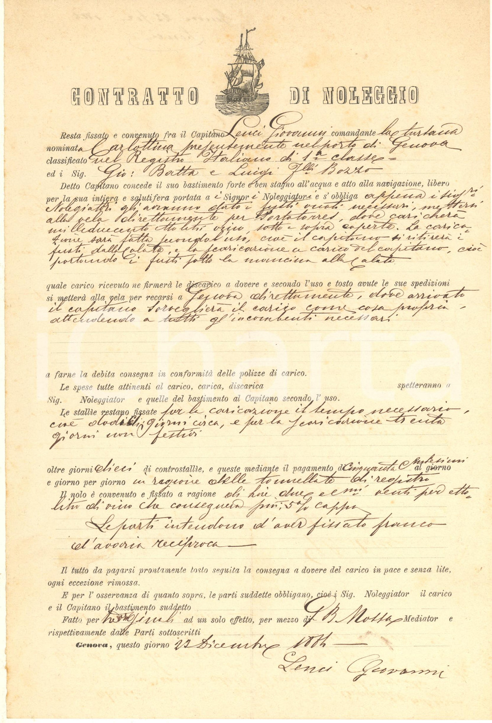 Documento originale, autentico 1884 GENOVA Contratto di noleggio tartana CARLOTTINA per carico vino in Sardegna 1