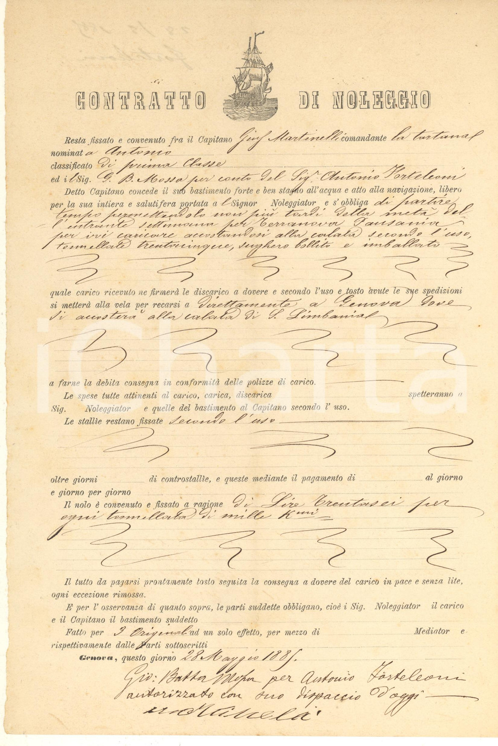 Documento originale, autentico 1885 GENOVA Contratto di noleggio tartana ANTONIO per carico sughero in Sardegna 1
