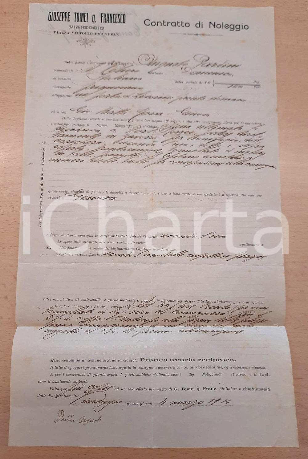 Documento originale, autentico 1914 VIAREGGIO Contratto di noleggio Giuseppe TOMEI per veliero DOMENICO 1