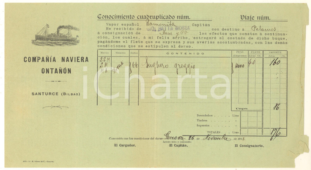 Documento originale, autentico 1912 GENOVA  Compañía Naviera Ontañón  Polizza di carico nave RAMONITA 1