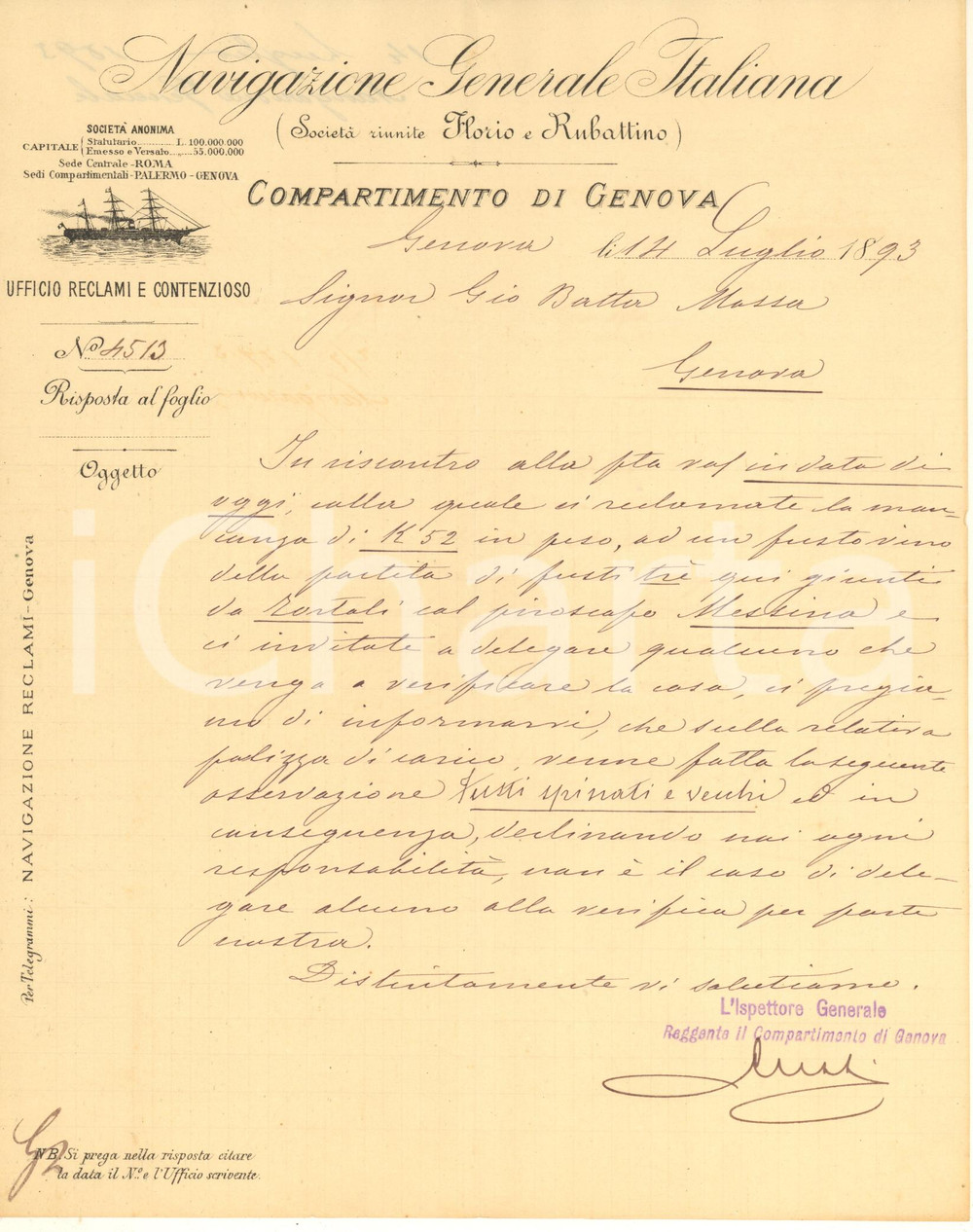 Documento originale, autentico 1893 GENOVA Navigazione Generale Italiana  Lettera per ammanco su nave MESSINA 1