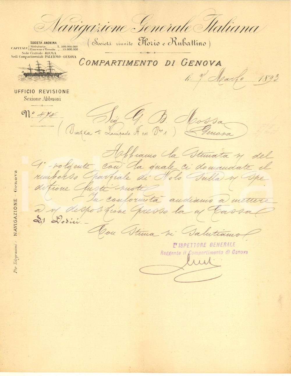 Documento originale, autentico 1893 GENOVA Navigazione Generale Italiana  Lettera per rimborso nolo spedizione 1