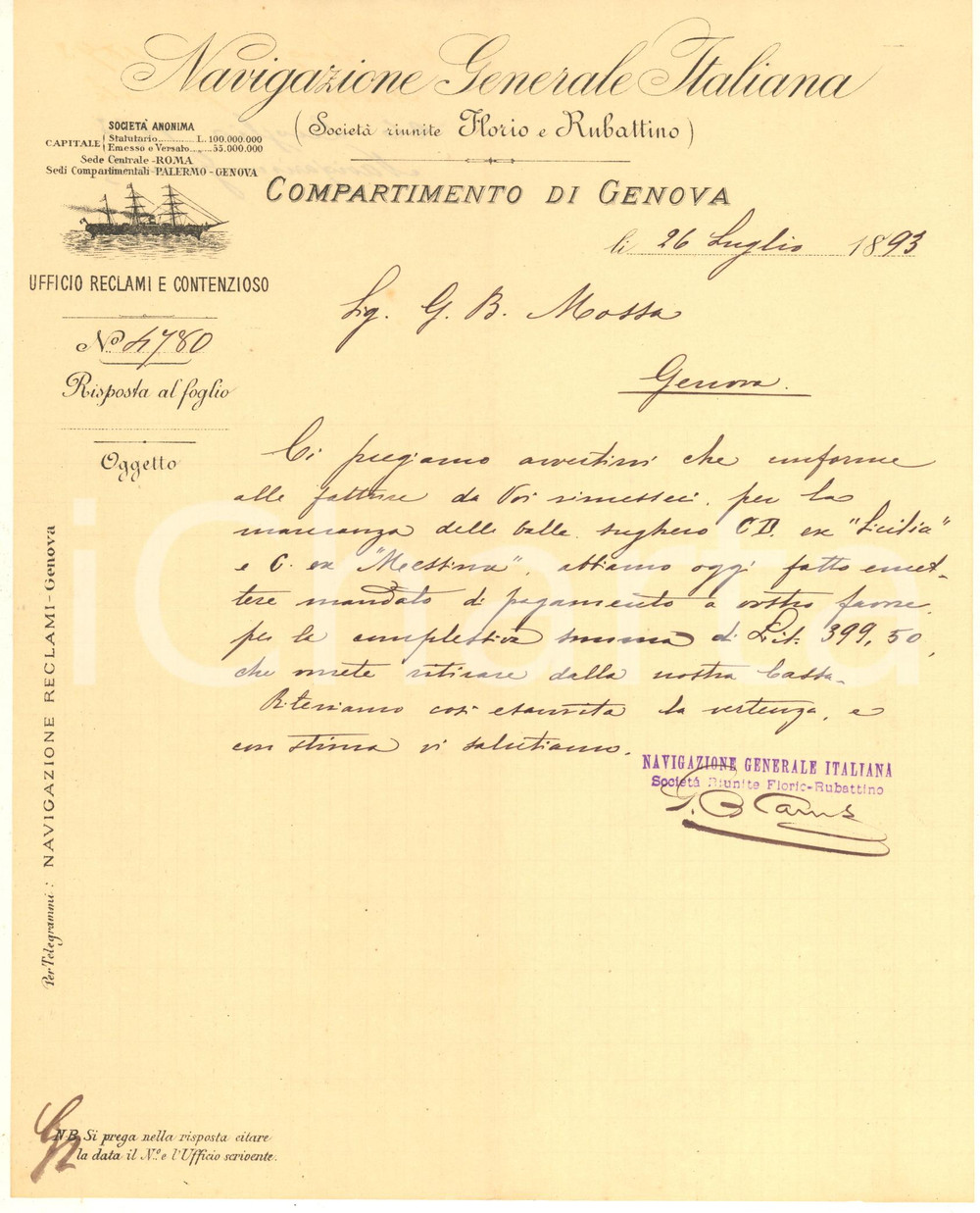 Documento originale, autentico 1893 GENOVA Navigazione Generale Italiana  Lettera per mancanza balle sughero 1
