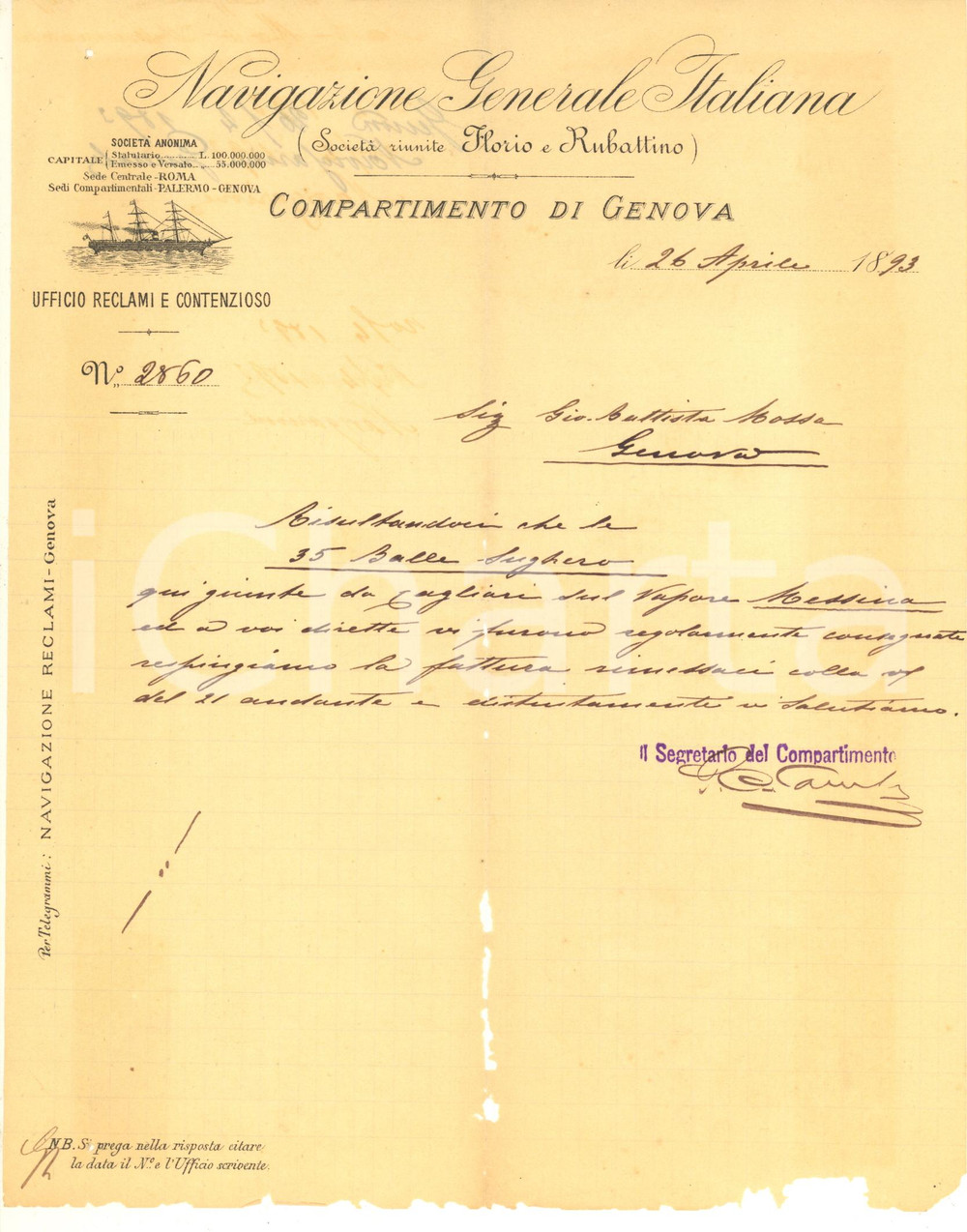 Documento originale, autentico 1893 GENOVA Navigazione Generale Italiana  Lettera consegna sughero DANNEGGIATA 1