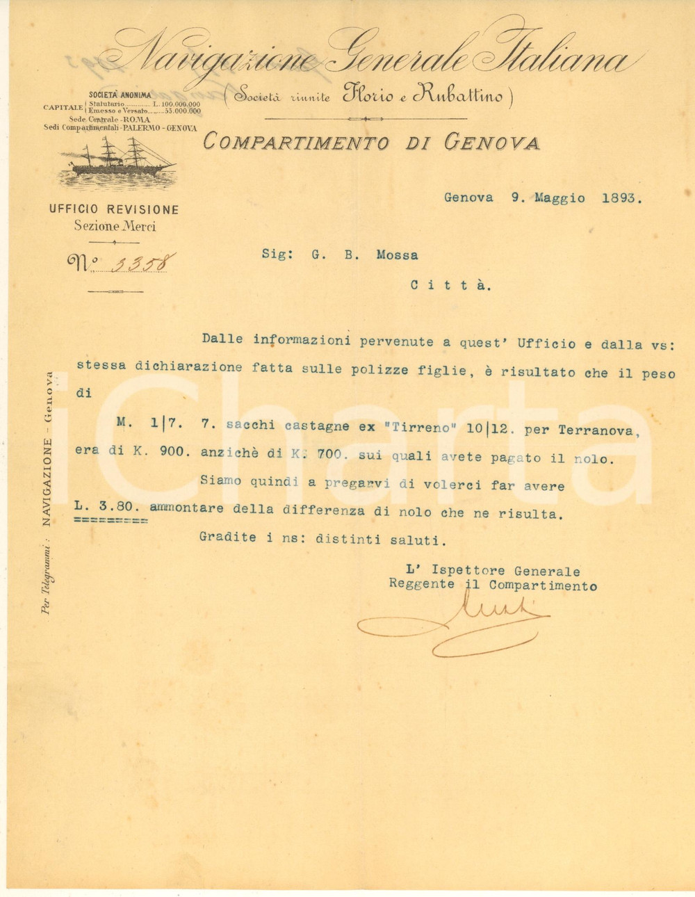 Documento originale, autentico 1893 GENOVA Navigazione Generale Italiana  Lettera per carico sacchi castagne 1
