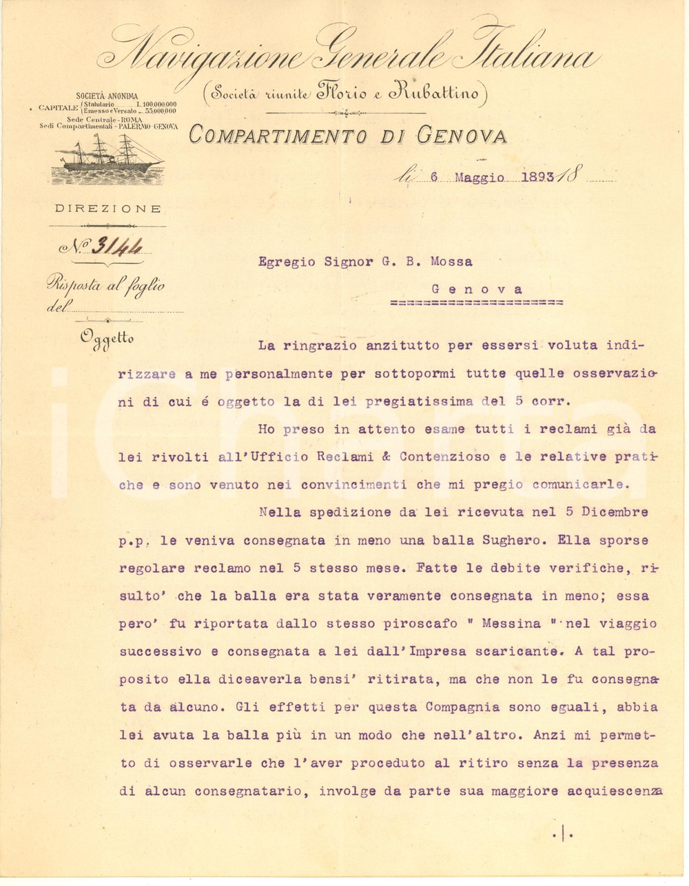 Documento originale, autentico 1893 GENOVA Navigazione Generale Italiana  Lettera per contenzioso sughero 1