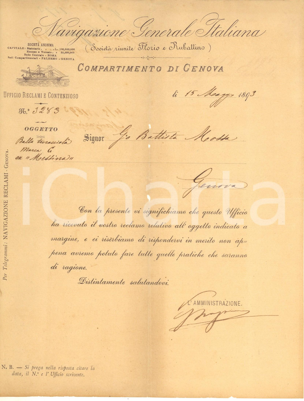 Documento originale, autentico 1893 GENOVA Navigazione Generale Italiana FLORIO E RUBATTINO  Lettera reclamo 1