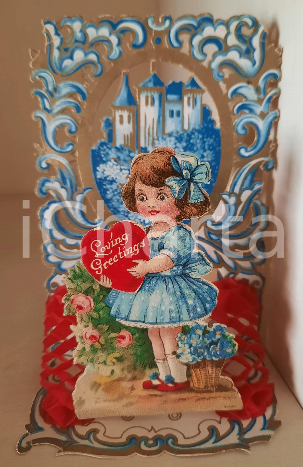 Oggetto da collezione cartaceo 1926 UK  VALENTINE S DAY card vintage POPUP 10x14 cm  Girl wih a castle 1