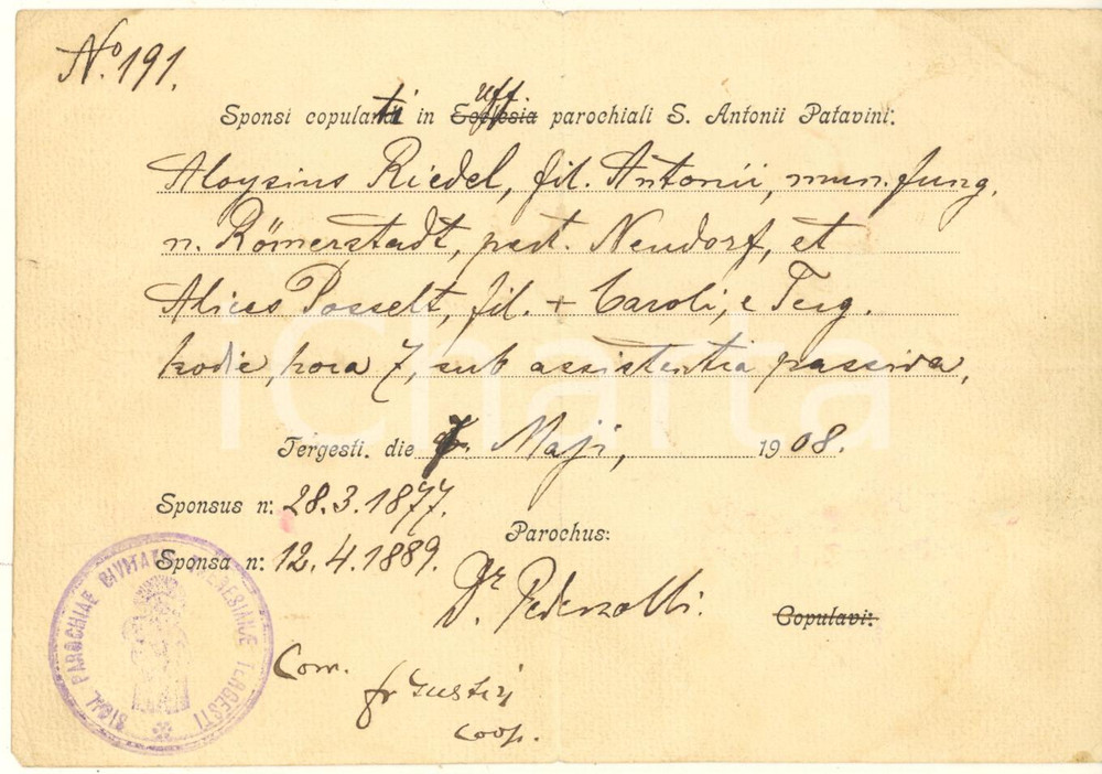 Documento originale, autentico 1908 TRIESTE Parrocchia Sant Antonio  Fede di nozze Alice POSSELT Luigi RIEDEL 1