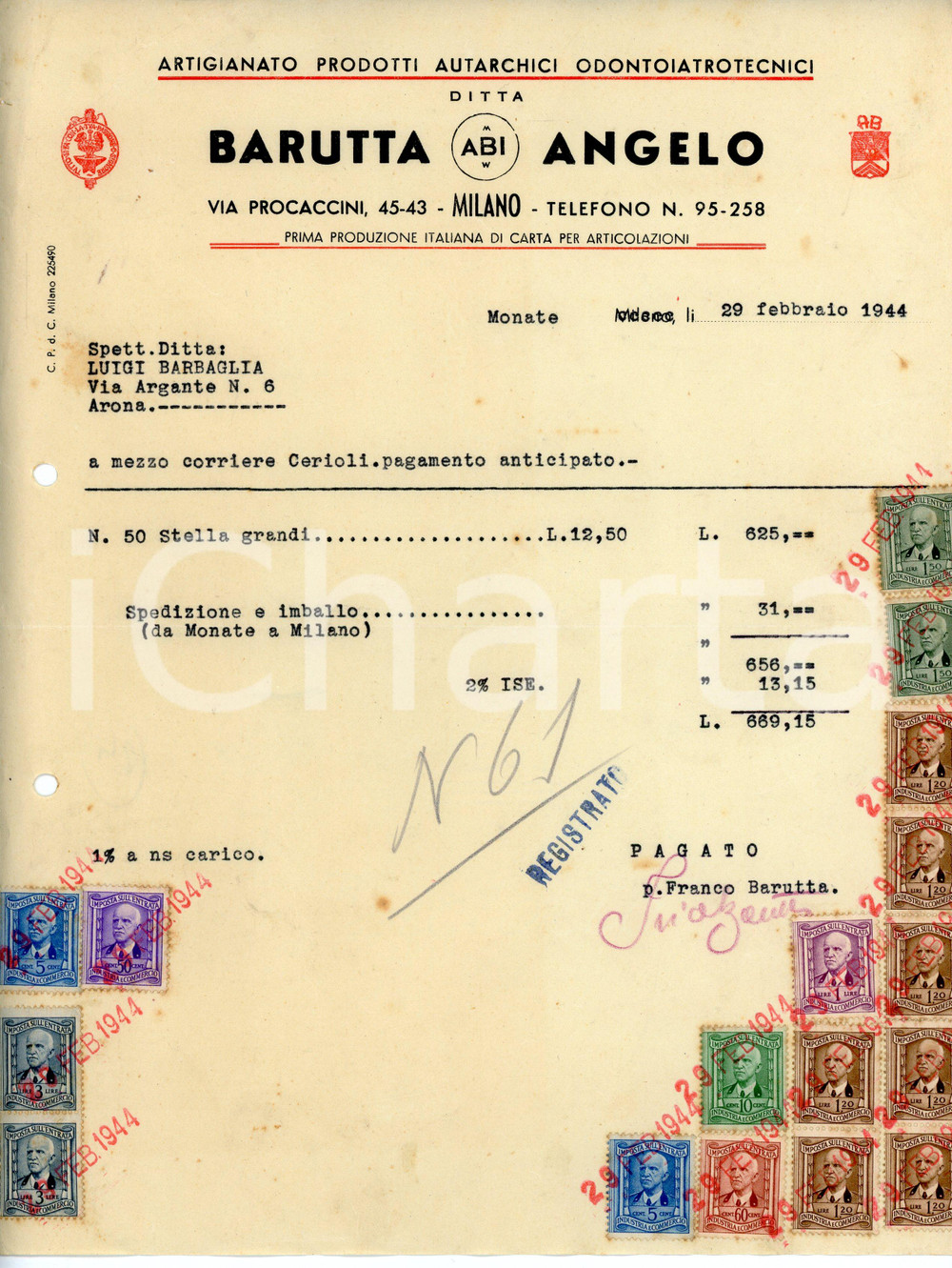 Documento originale, autentico 1944 MILANO Ditta Angelo BARUTTA Prodotti autarchici odontoiatrotecnici Fattura 1