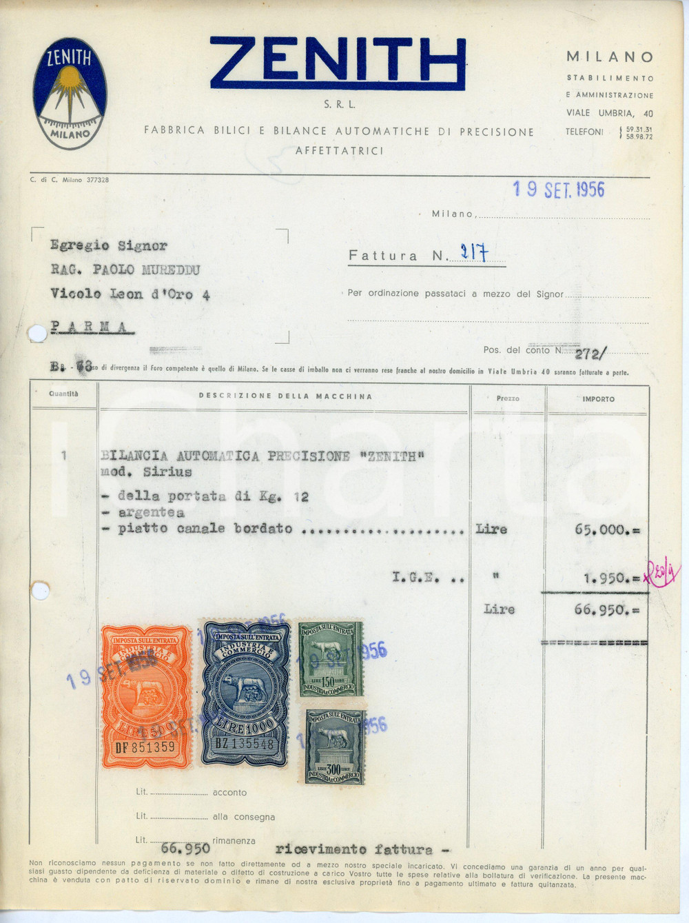 Documento originale, autentico 1956 MILANO Viale Umbria 40 Bilance e affettatrici ZENITH S.R.L. Fattura 1