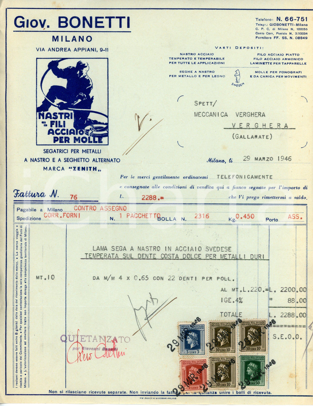 Documento originale, autentico 1946 MILANO Via Andrea Appiani 911 Giovanni BONETTI Acciaio per molle  Fattura 1
