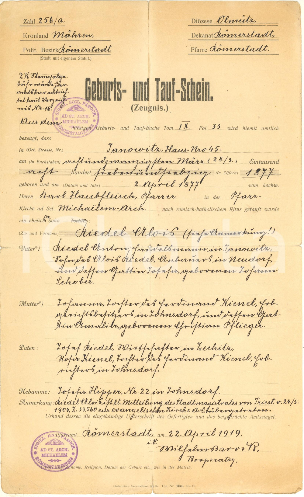 Documento originale, autentico 1919 ROMERSTADT / RYMAROV CZ Certificato nascita e battesimo Alois RIEDEL 1