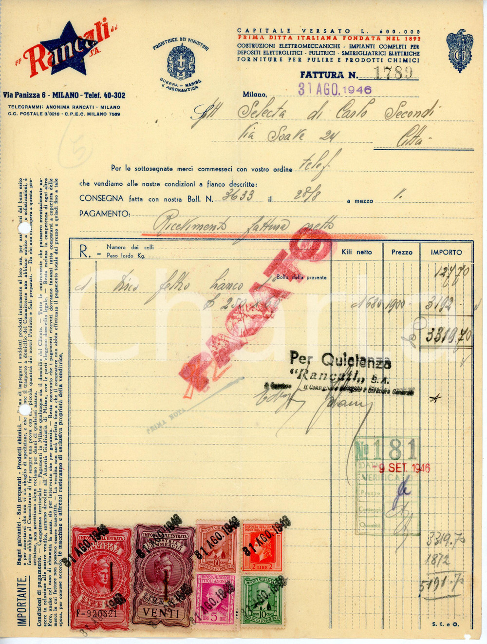 Documento originale, autentico 1946 MILANO Via Panizza 6 Ditta RANCALI Prodotti per pulizia  Fattura 1
