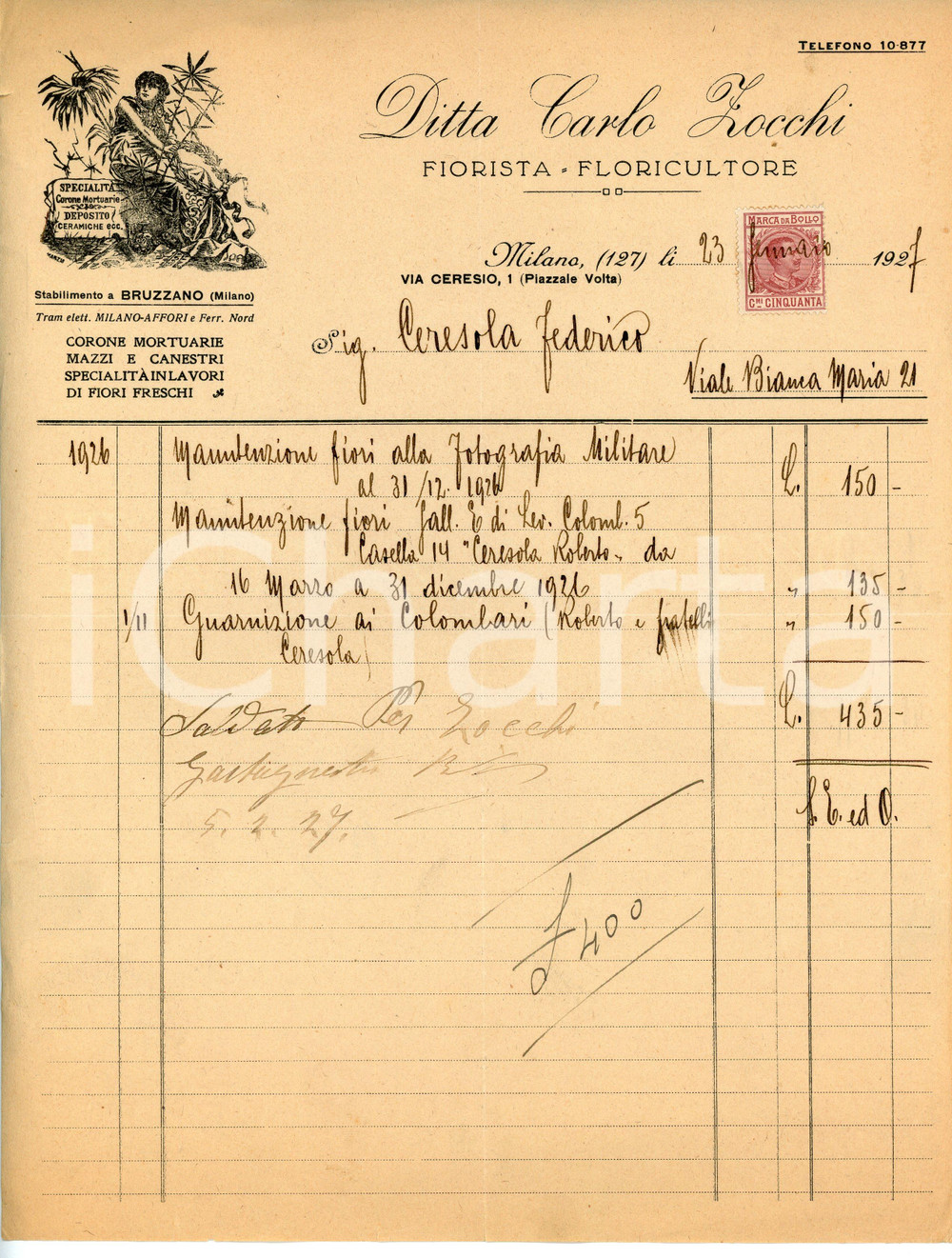 Documento originale, autentico 1927 MILANO Via Ceresio 1 Fiorista Carlo ZOCCHI Fattura per manutenzione tombe 1