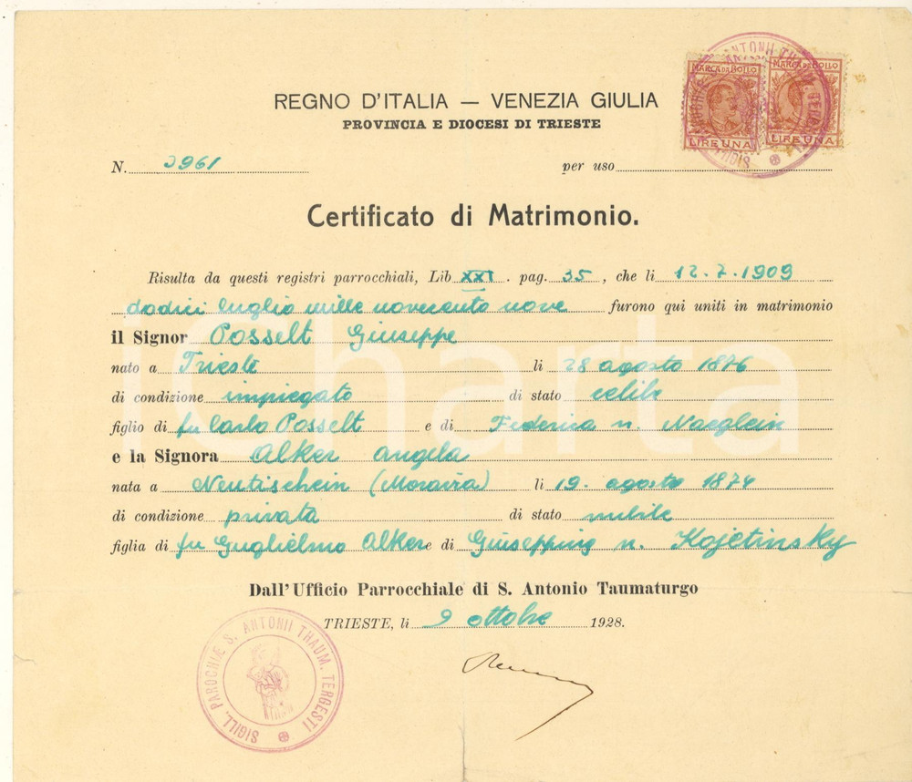 Documento originale, autentico 1928 TRIESTE Parrocchia Sant Antonio  Fede nozze Giuseppe POSSELT Angela ALKER 1