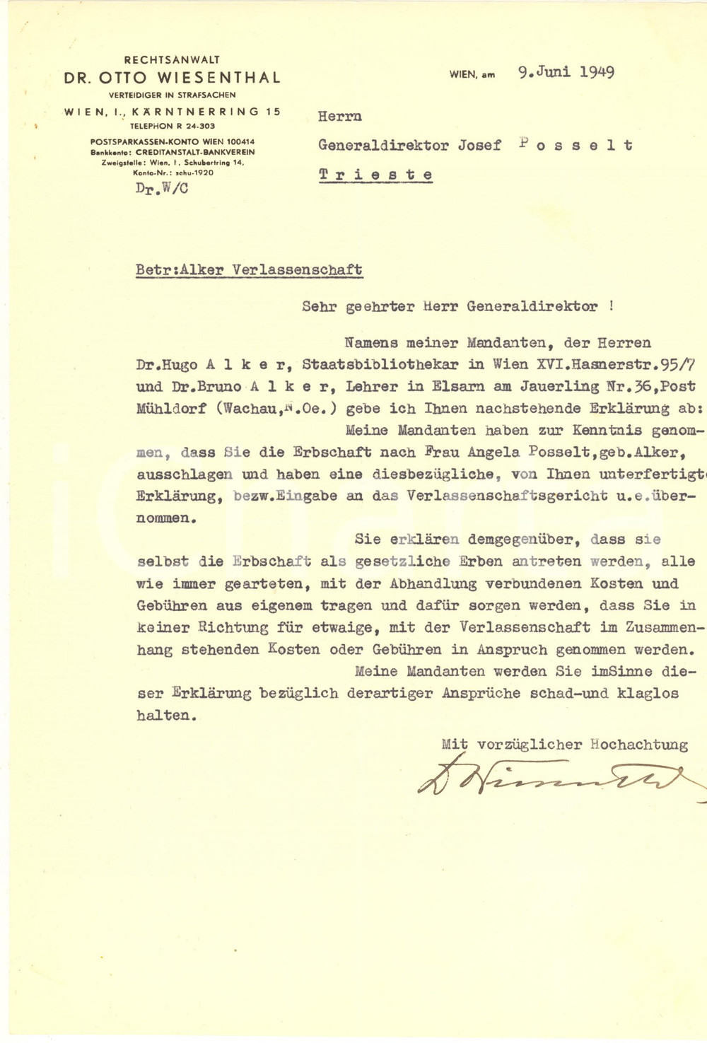 Manoscritto, lettera originale 1949 WIEN Avvocato Otto WIESENTHAL  Lettera per rinuncia a eredità Autografo 1