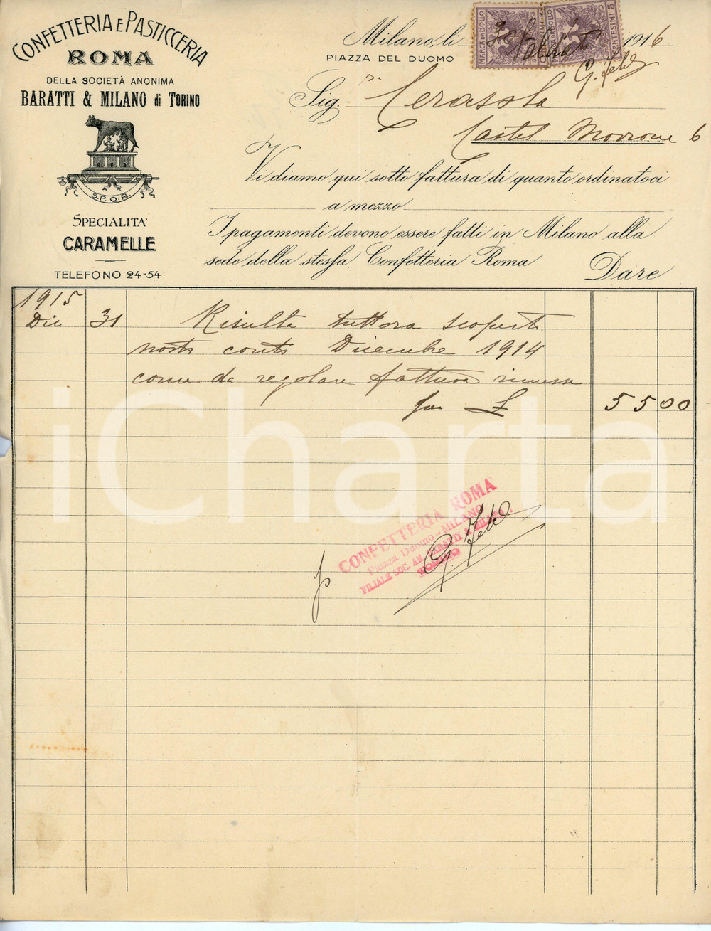 Documento originale, autentico 1916 MILANO Piazza Duomo  Pasticceria ROMA della Società BARATTI Fattura 1