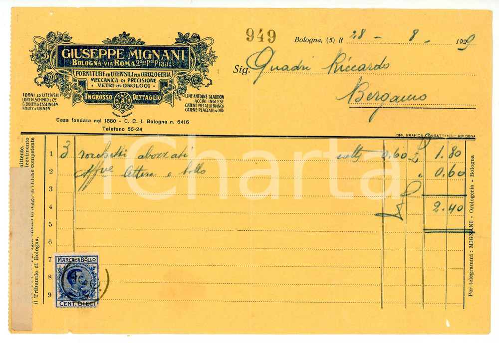 Documento originale, autentico 1929 BOLOGNA Via Roma 2 Ditta Giuseppe MIGNANI Forniture per orologeria Fattura 1