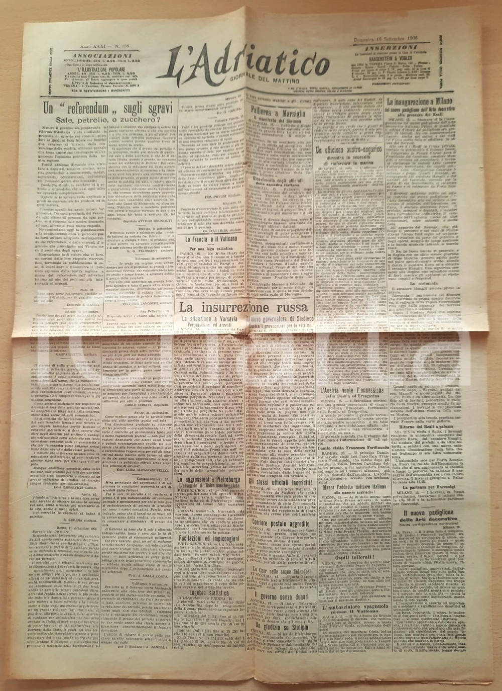 Giornale, rivista storica 1906 L ADRIATICO Referendum sgravi: sale, petrolio, zucchero Insurrezione russa 1