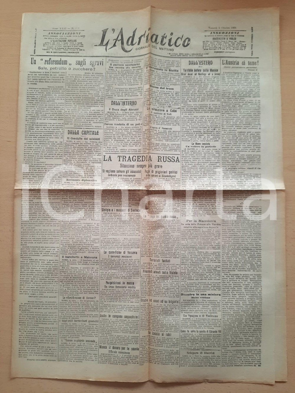 Giornale, rivista storica 1906 L ADRIATICO Referendum sugli sgravi  Rivoluzione in Russia Giornale 1