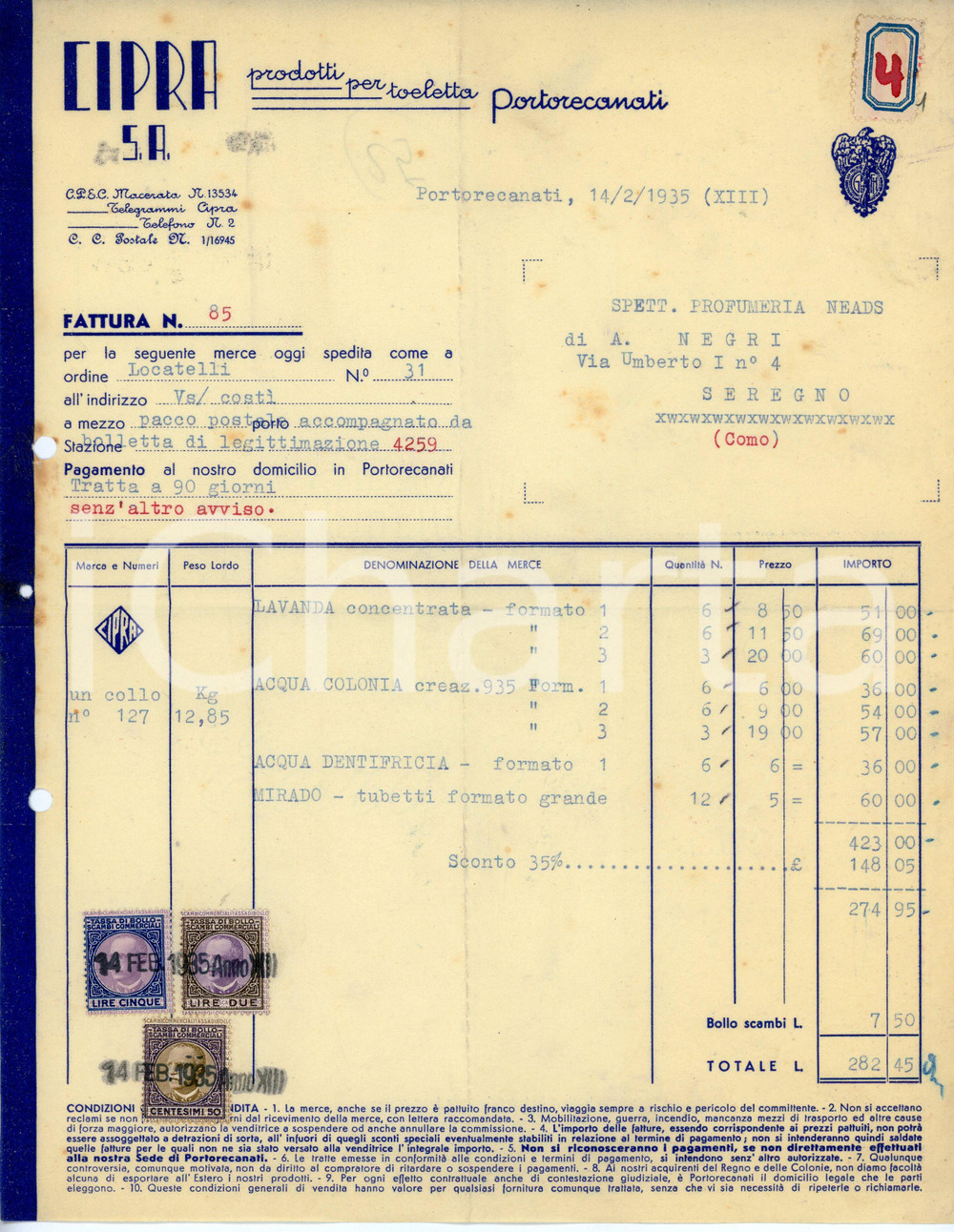 Documento originale, autentico 1935 PORTO RECANATI Prodotti per toeletta CIPRA Fattura per acqua di colonia 1