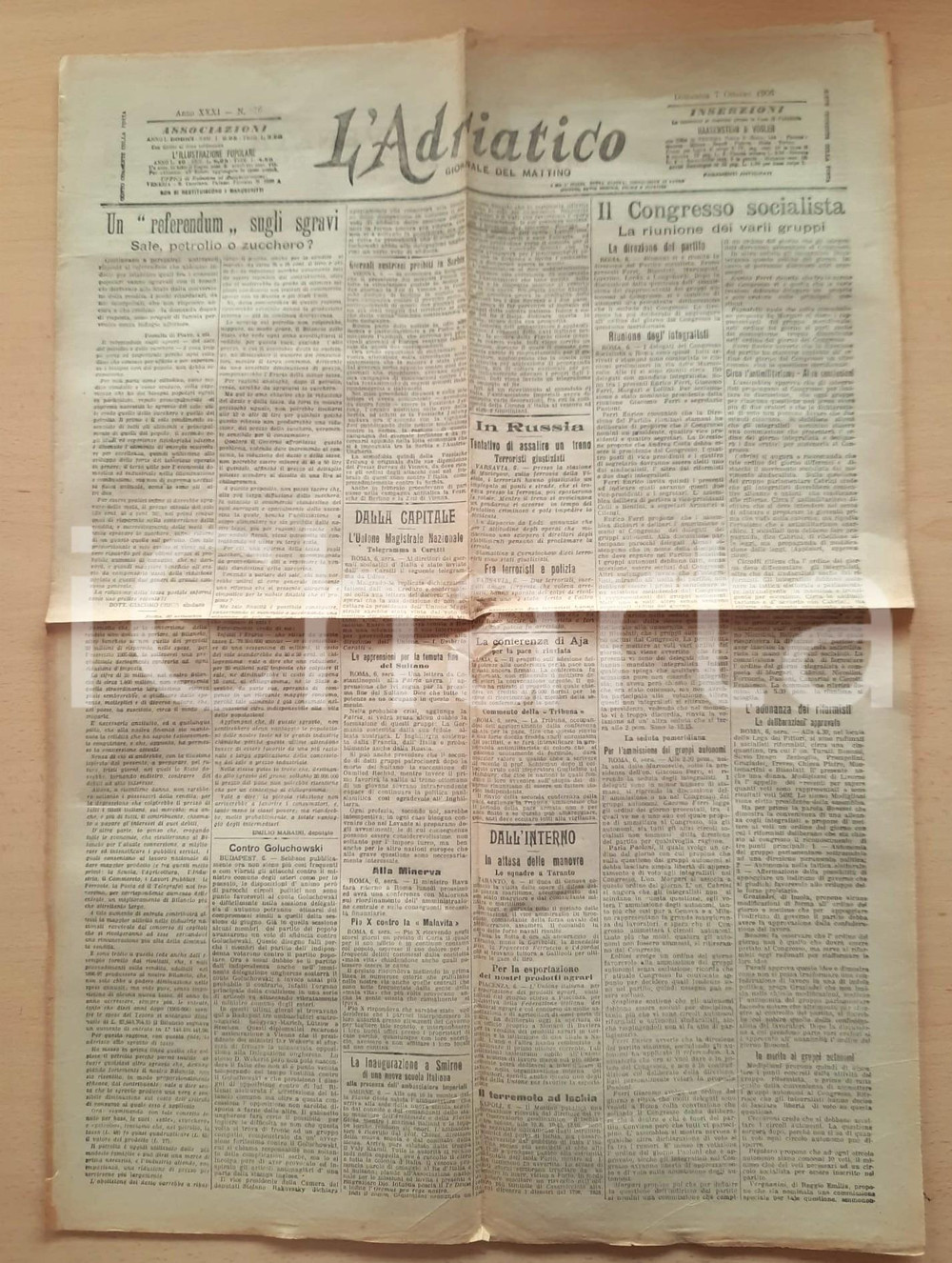 Giornale, rivista storica 1906 L ADRIATICO Referendum sugli sgravi  Congresso socialista a Roma Giornale 1