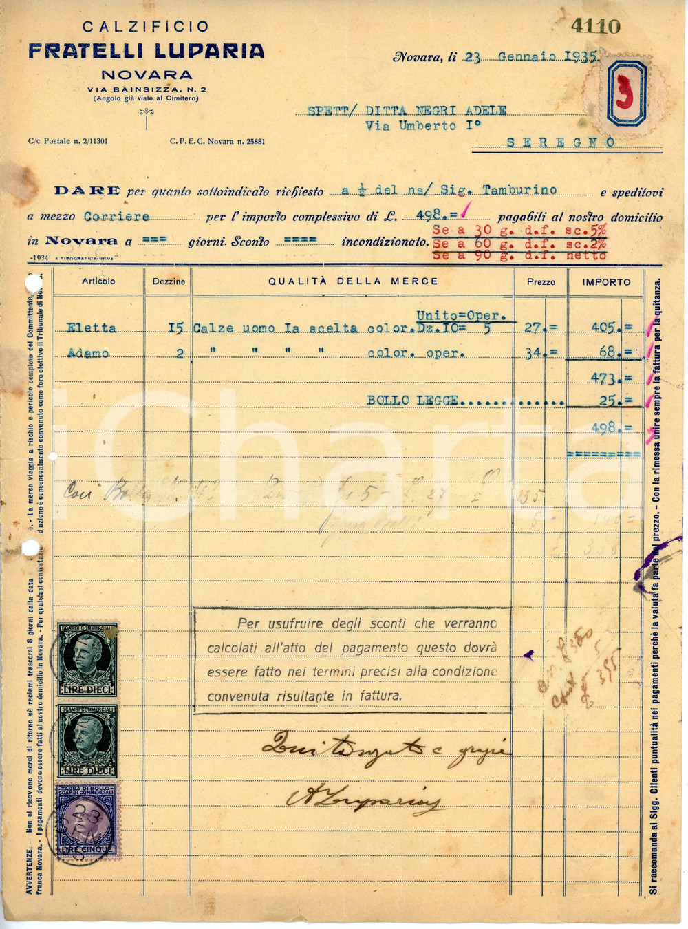 Documento originale, autentico 1935 NOVARA Via Bainsizza 2 Calzificio FRATELLI LUPARIA Fattura calze da uomo 1