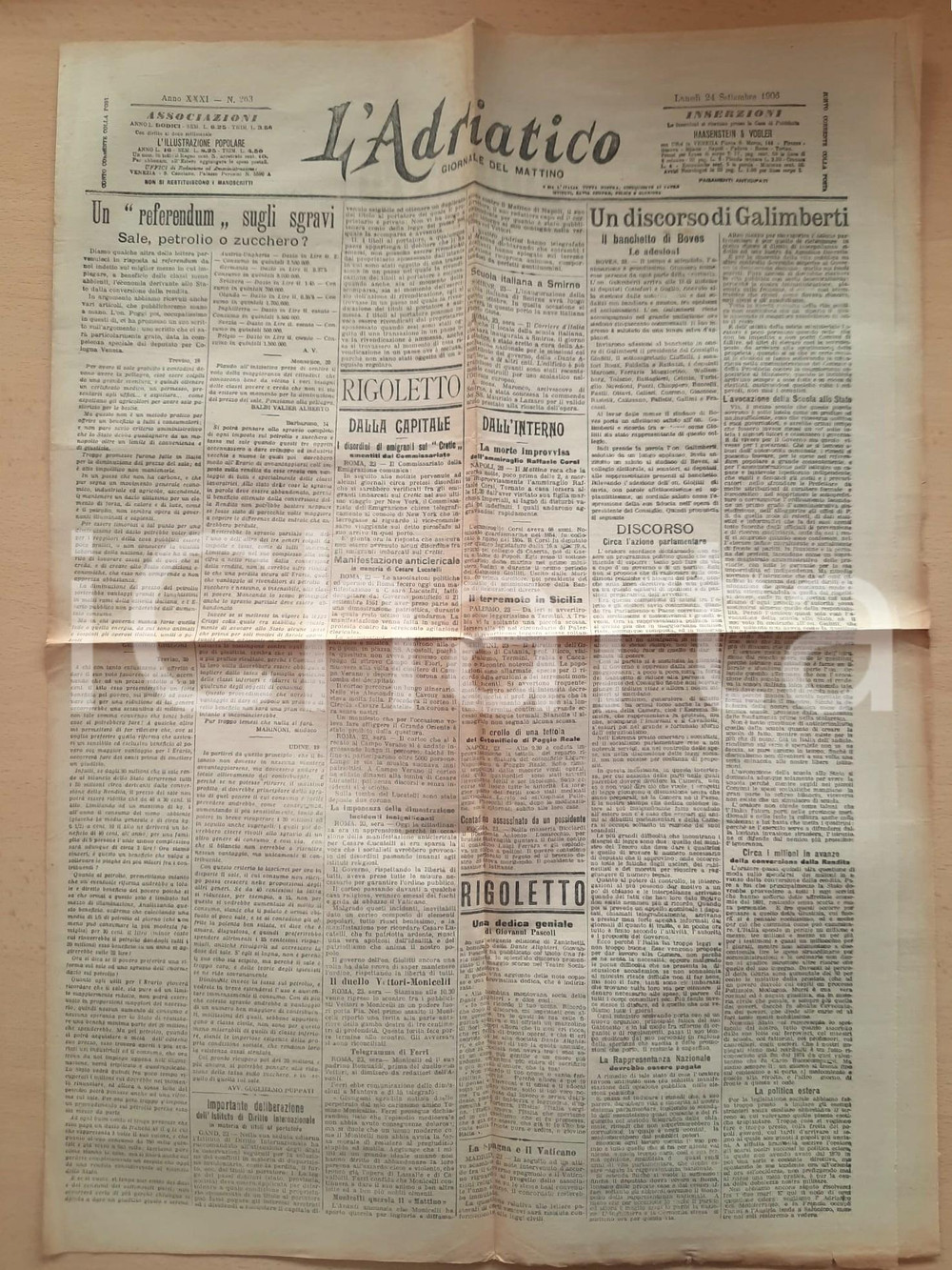 Giornale, rivista storica 1906 L ADRIATICO Referendum sugli sgravi  Tancredi GALIMBERTI a Boves Giornale 1