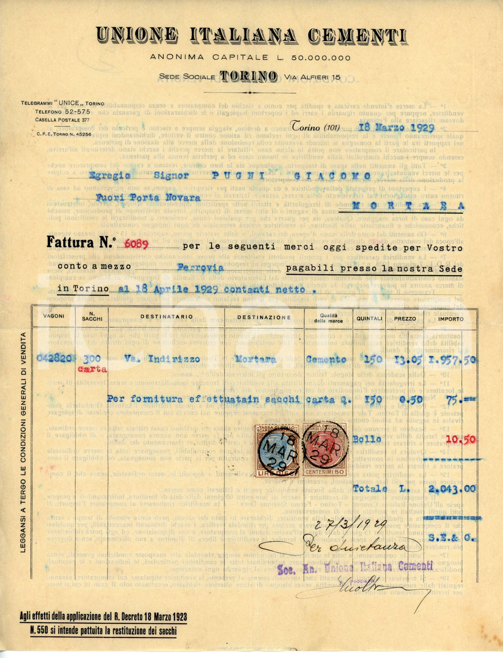 Documento originale, autentico 1929 TORINO Via Alfieri 15 UNIONE ITALIANA CEMENTI Fattura per cemento in sacchi 1