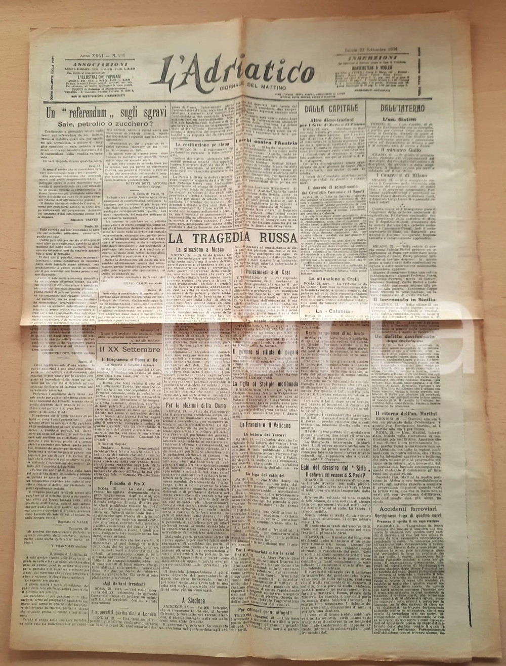 Giornale, rivista storica 1906 L ADRIATICO Referendum sugli sgravi  La rivolta in Russia Giornale 1