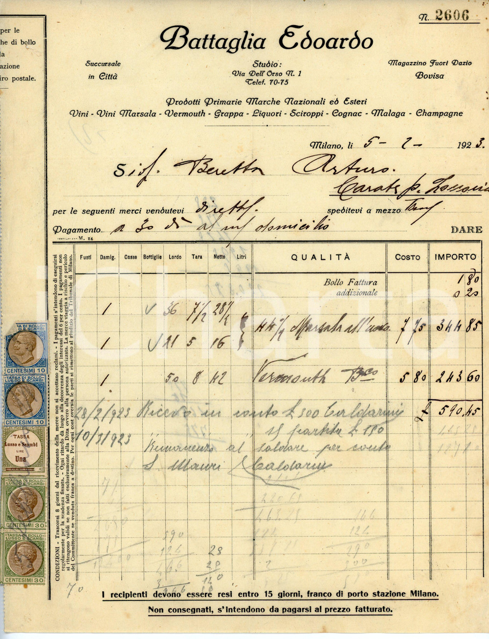 Documento originale, autentico 1923 MILANO  BOVISA Edoardo BATTAGLIA Fattura per marsala e vermouth 1
