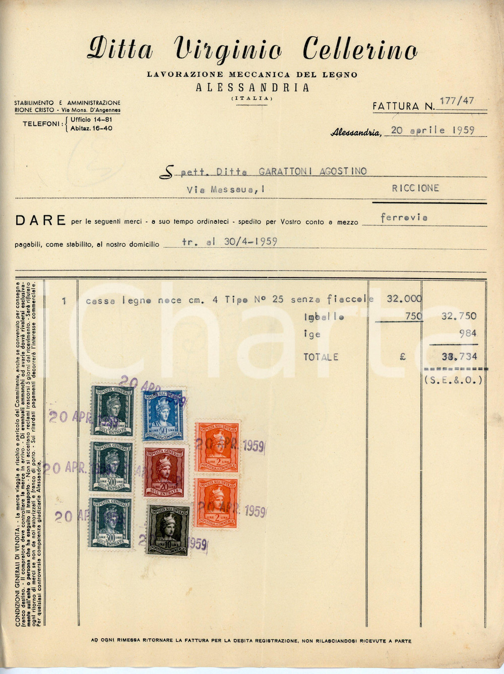 Documento originale, autentico 1959 ALESSANDRIA Ditta Virginio CELLERINO Fattura per cassa in legno di noce 1