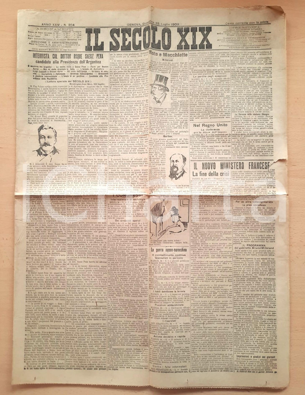 Giornale, rivista storica 1909 IL SECOLO XIX Intervista Roque SAENZ PENA candidato presidenza Argentina 1