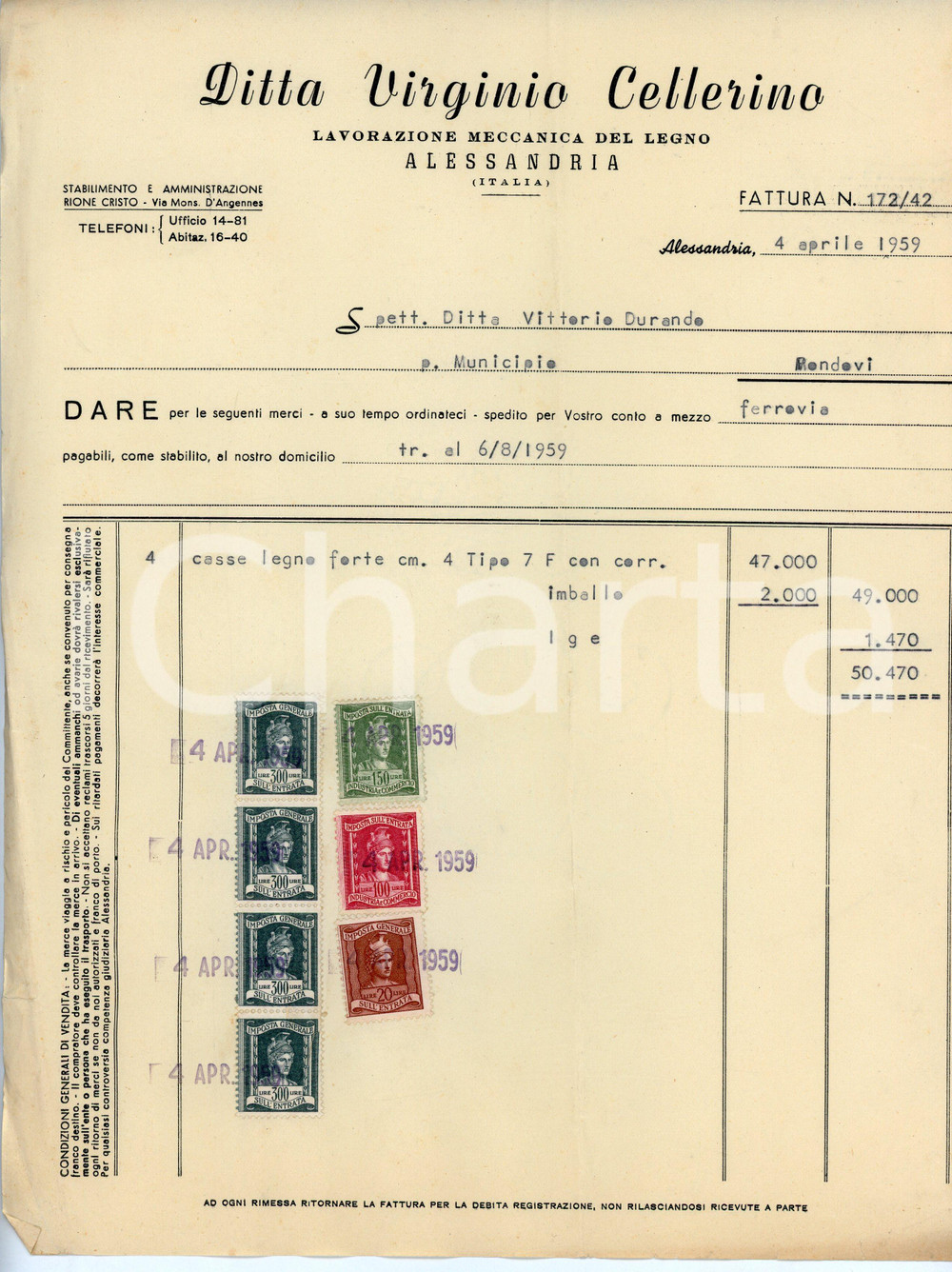 Documento originale, autentico 1959 ALESSANDRIA Ditta Virginio CELLERINO Fattura per casse di legno 1