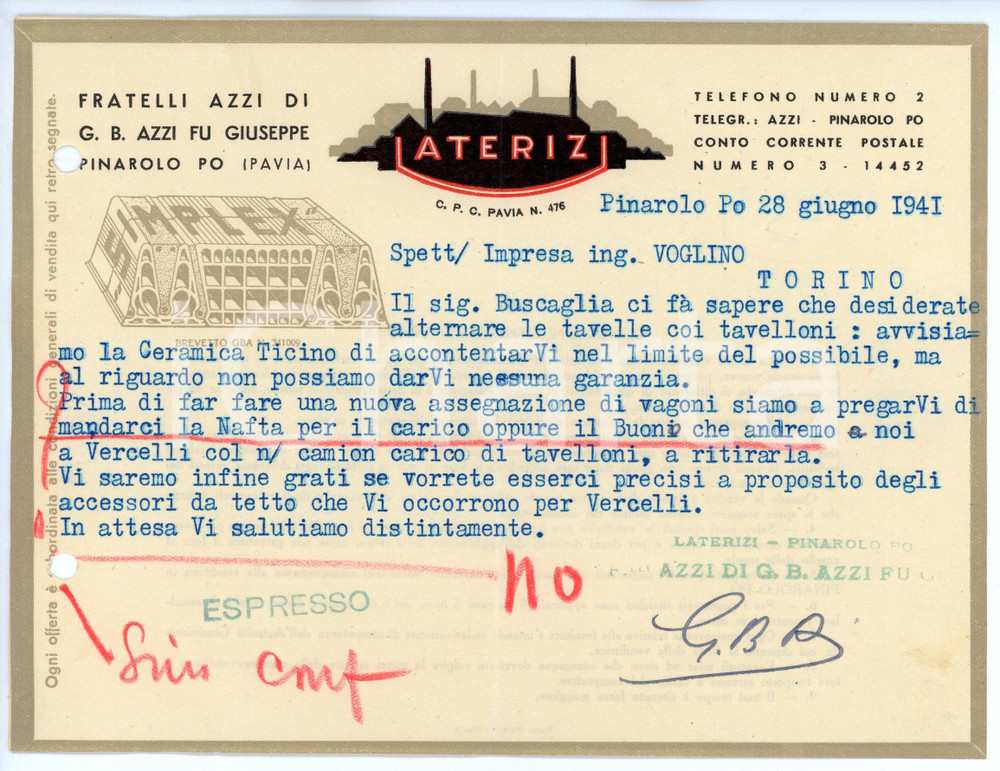 Documento originale, autentico 1941 PIANOROLO PO Fratelli AZZI Fabbrica laterizi SIMPLEX Lettera commerciale 1