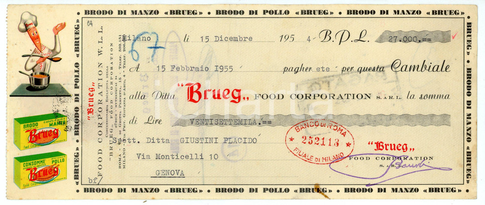 Documento originale, autentico 1954 ROMA Brodo di pollo e di manzo BRUEG Food Corporation  Cambiale 1