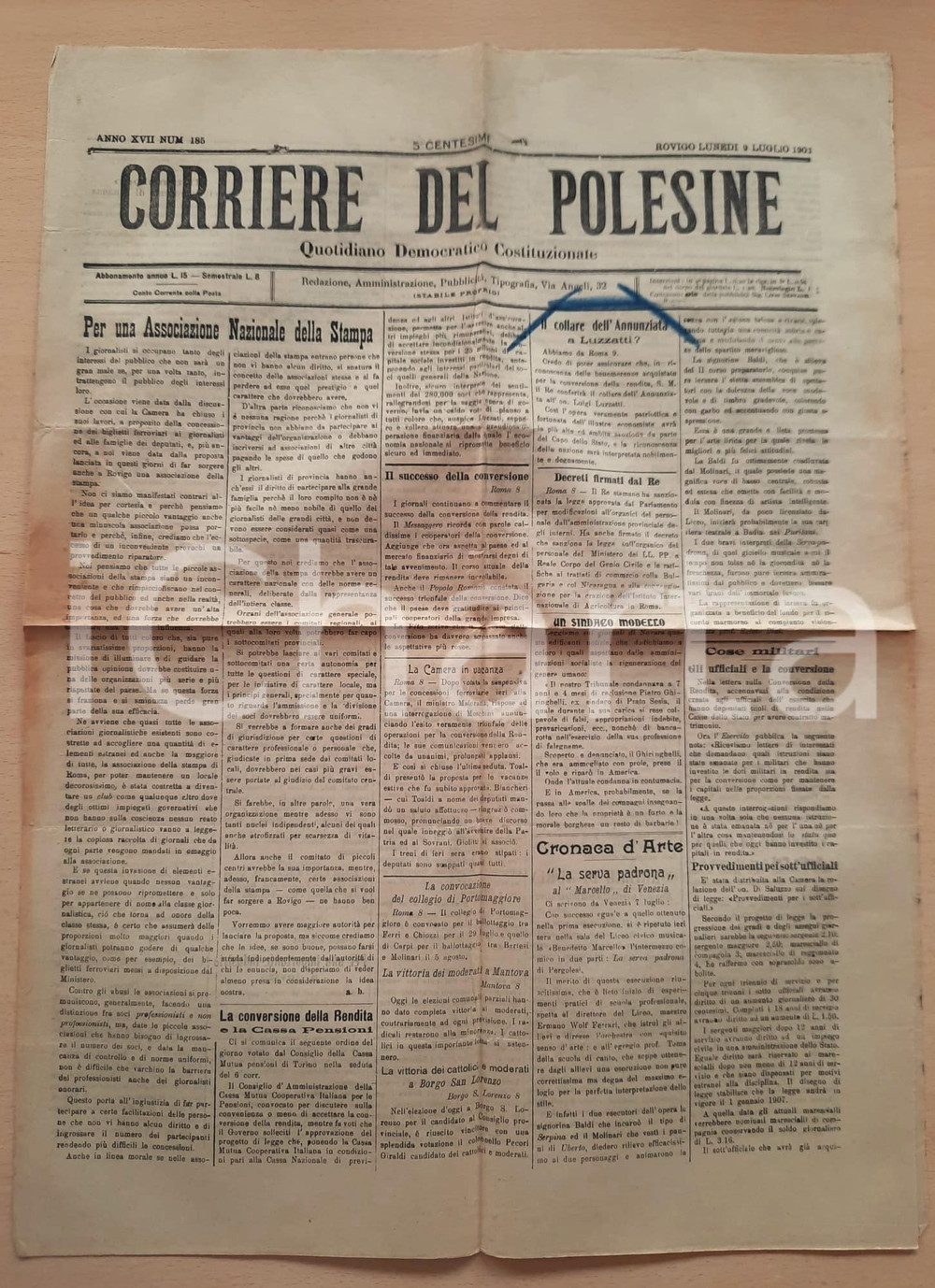 Giornale, rivista storica 1903 CORRIERE DEL POLESINE Collare Annunziata a Luzzatti?  Associazione Stampa 1