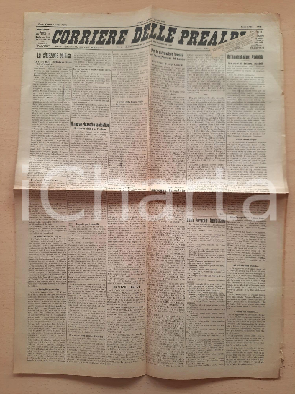 Giornale, rivista storica 1926 CORRIERE DELLE PREALPI Convegno forestale Monte Lemma  Sistemazione Lambro 1