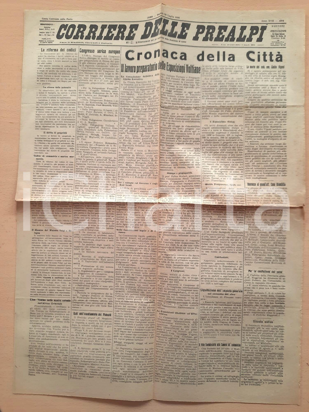 Giornale, rivista storica 1926 CORRIERE DELLE PREALPI Esposizioni Voltiane  Morte sen. Giulio Vigoni 1