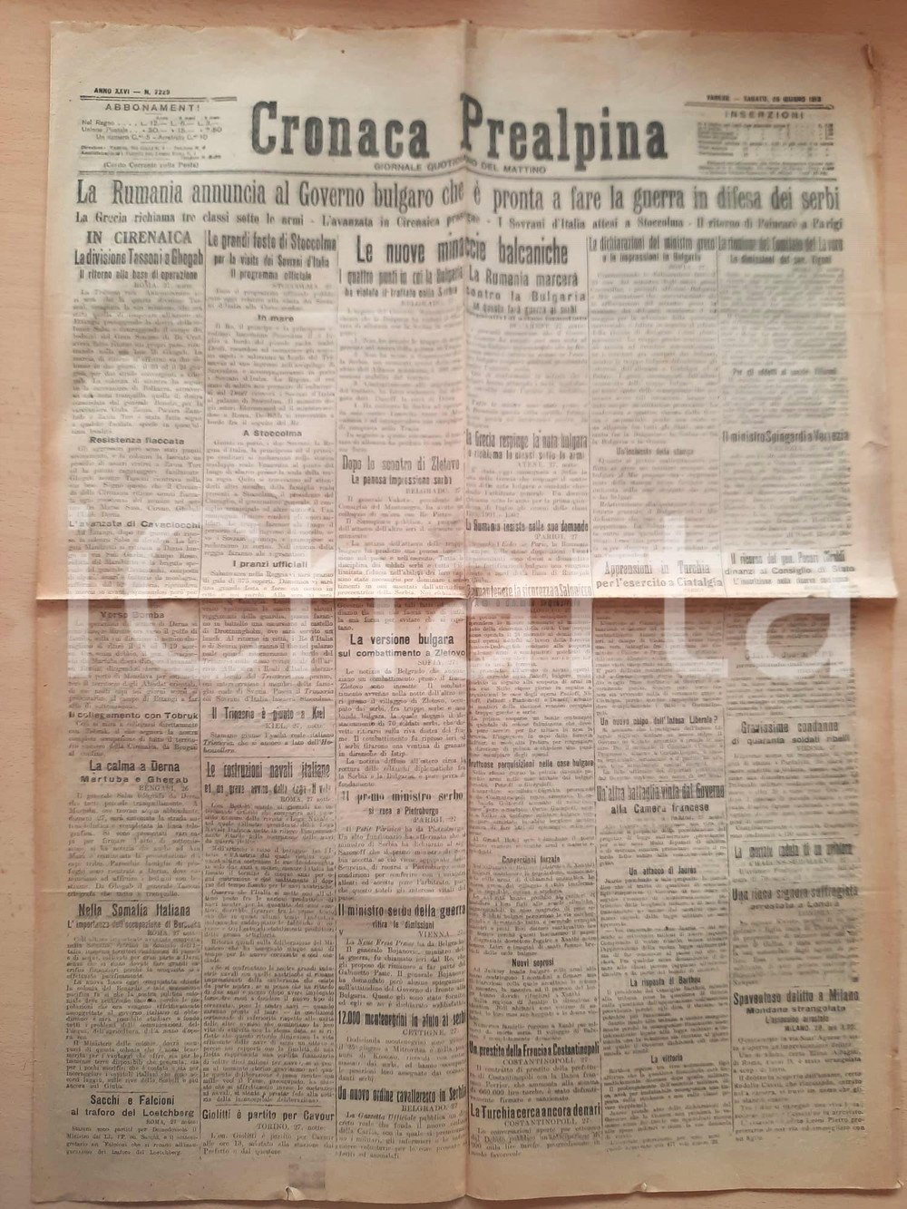 Giornale, rivista storica 1913 CRONACA PREALPINA Romania pronta alla guerra in difesa dei serbi Giornale 1