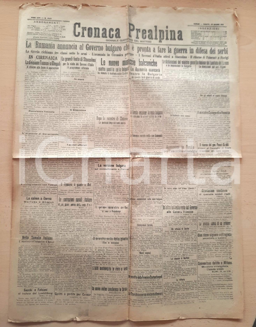 Giornale, rivista storica 1913 CRONACA PREALPINA Romania pronta alla guerra in difesa dei serbi Giornale 1